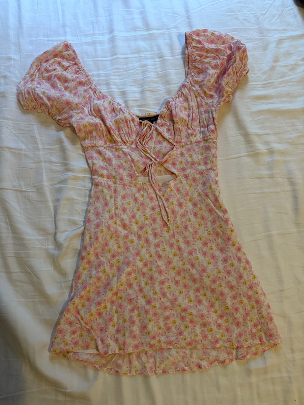 Pink Floral Lace-Up Mini Dress